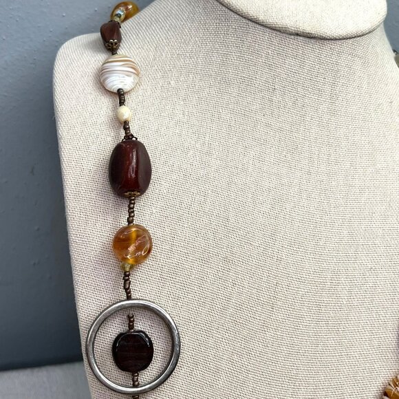 Chunky Beaded Polished Stone Necklace Earthy Boho Brown Amber Silver Tone Long - Picture 3 of 6